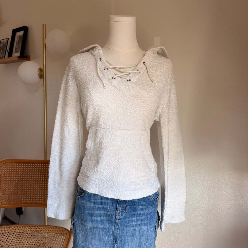 Roxy Women White Terry Cloth Lace-Up Hoodie Sweatshirt Size XS